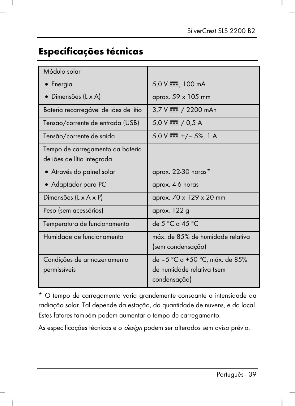 Especificações técnicas | Silvercrest SLS 2200 B2 User Manual | Page 41 / 90