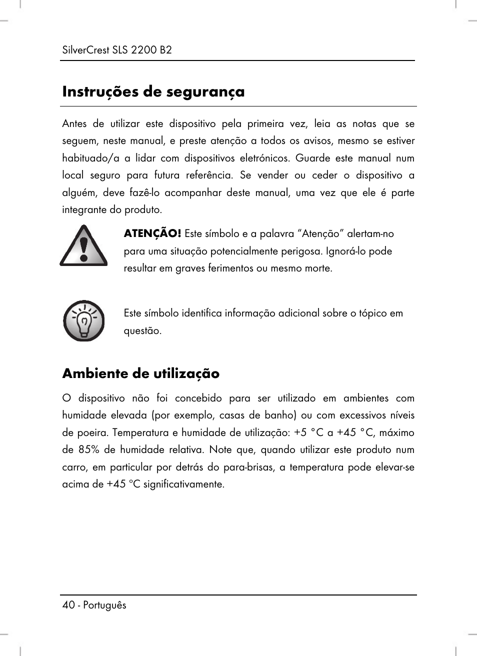 Instruções de segurança, Ambiente de utilização | Silvercrest SLS 2200 B2 User Manual | Page 42 / 90