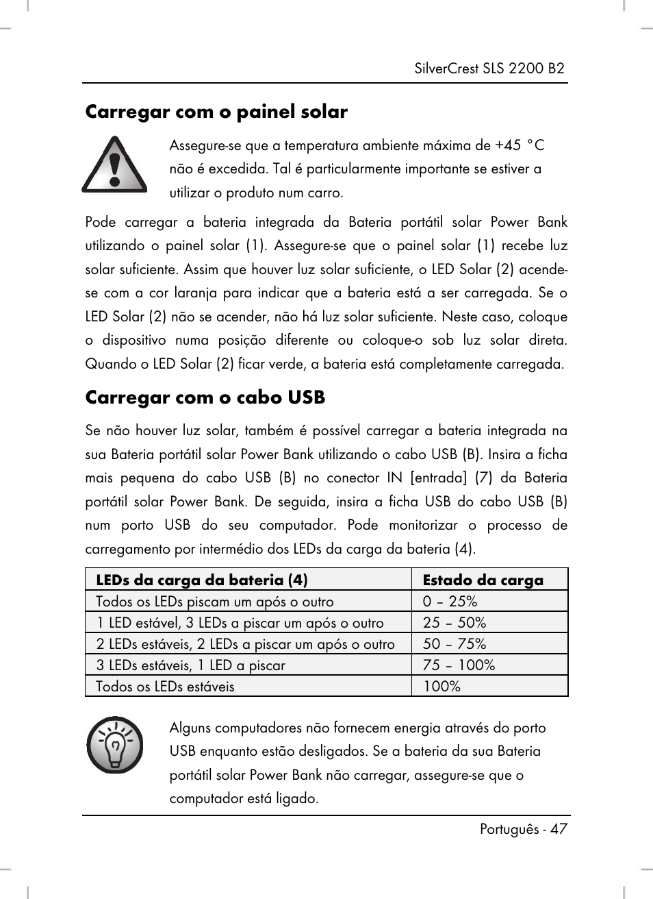 Carregar com o painel solar, Carregar com o cabo usb | Silvercrest SLS 2200 B2 User Manual | Page 49 / 90