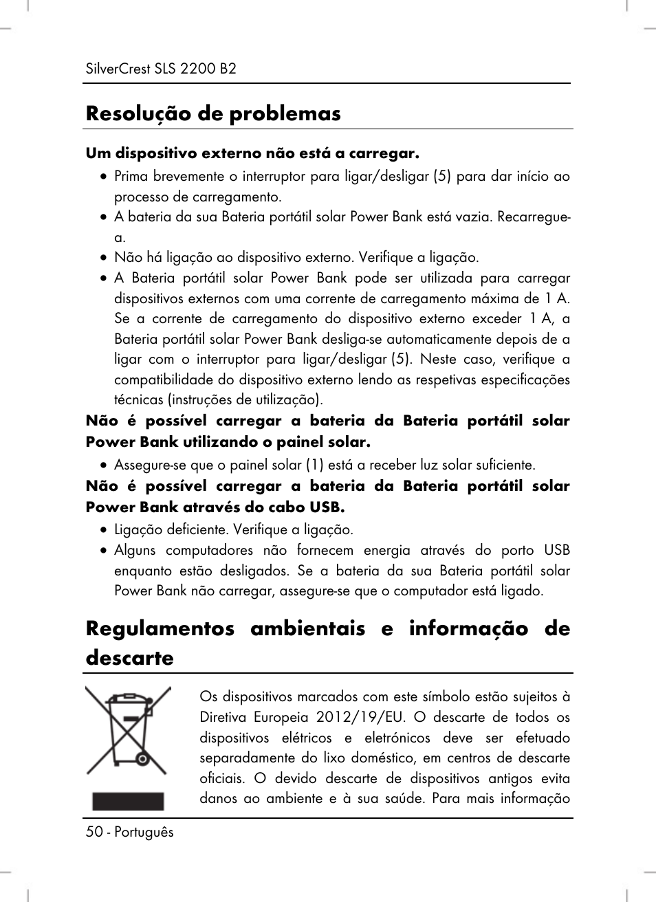 Resolução de problemas, Regulamentos ambientais e informação de descarte | Silvercrest SLS 2200 B2 User Manual | Page 52 / 90