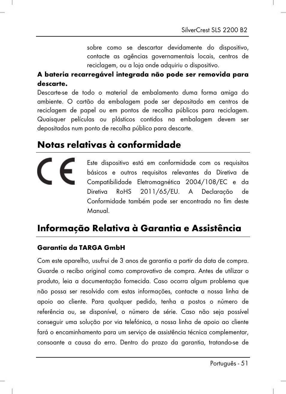 Notas relativas à conformidade, Informação relativa à garantia e assistência | Silvercrest SLS 2200 B2 User Manual | Page 53 / 90