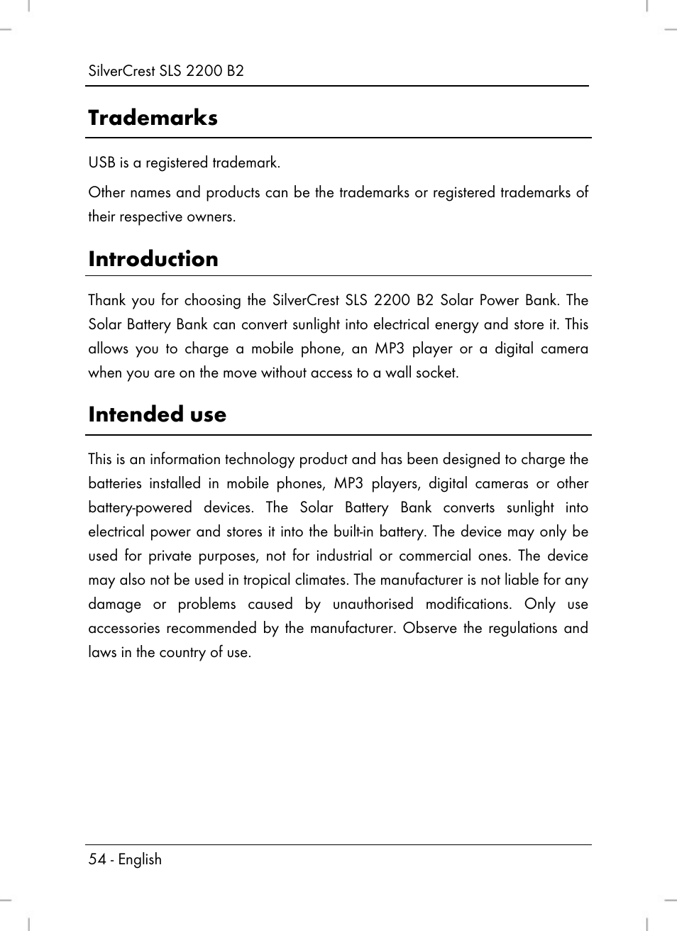 Trademarks, Introduction, Intended use | Silvercrest SLS 2200 B2 User Manual | Page 56 / 90