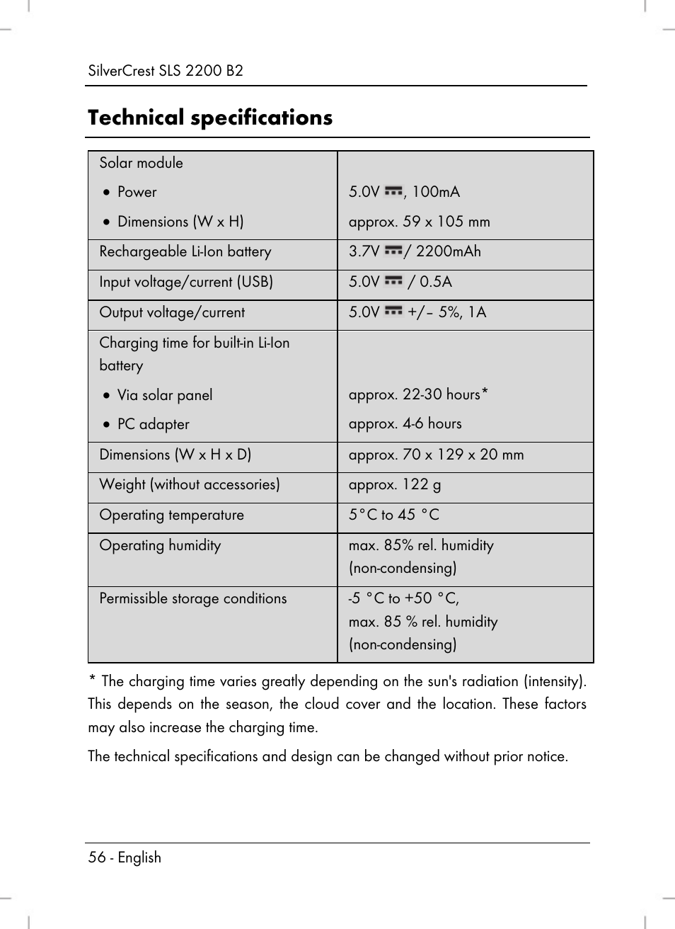 Technical specifications | Silvercrest SLS 2200 B2 User Manual | Page 58 / 90