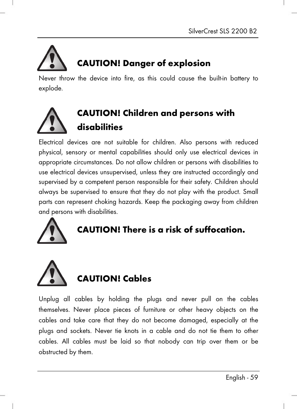 Caution! danger of explosion, Caution! children and persons with disabilities, Caution! there is a risk of suffocation | Caution! cables | Silvercrest SLS 2200 B2 User Manual | Page 61 / 90