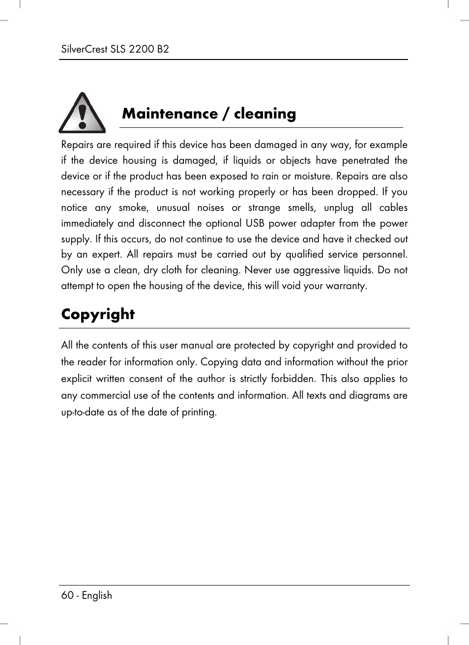 Maintenance / cleaning, Copyright | Silvercrest SLS 2200 B2 User Manual | Page 62 / 90