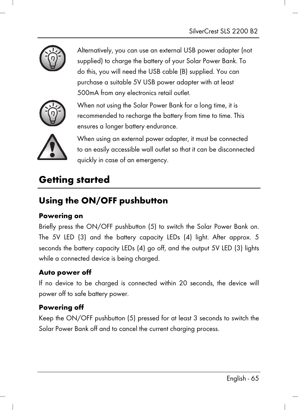 Getting started, Using the on/off pushbutton | Silvercrest SLS 2200 B2 User Manual | Page 67 / 90