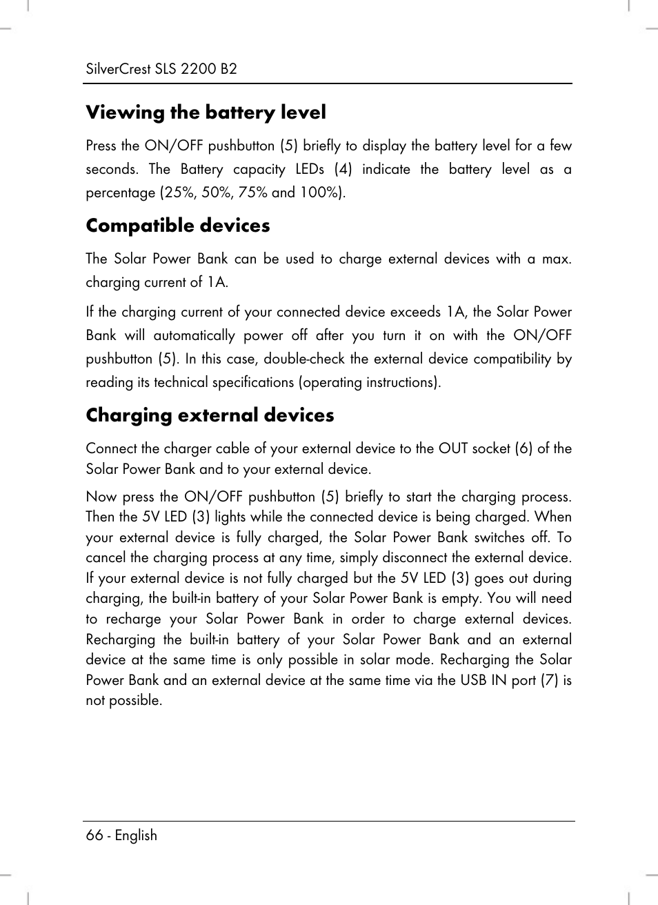 Viewing the battery level, Compatible devices, Charging external devices | Silvercrest SLS 2200 B2 User Manual | Page 68 / 90