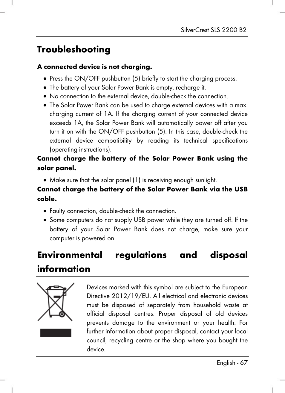 Troubleshooting, Environmental regulations and disposal information | Silvercrest SLS 2200 B2 User Manual | Page 69 / 90