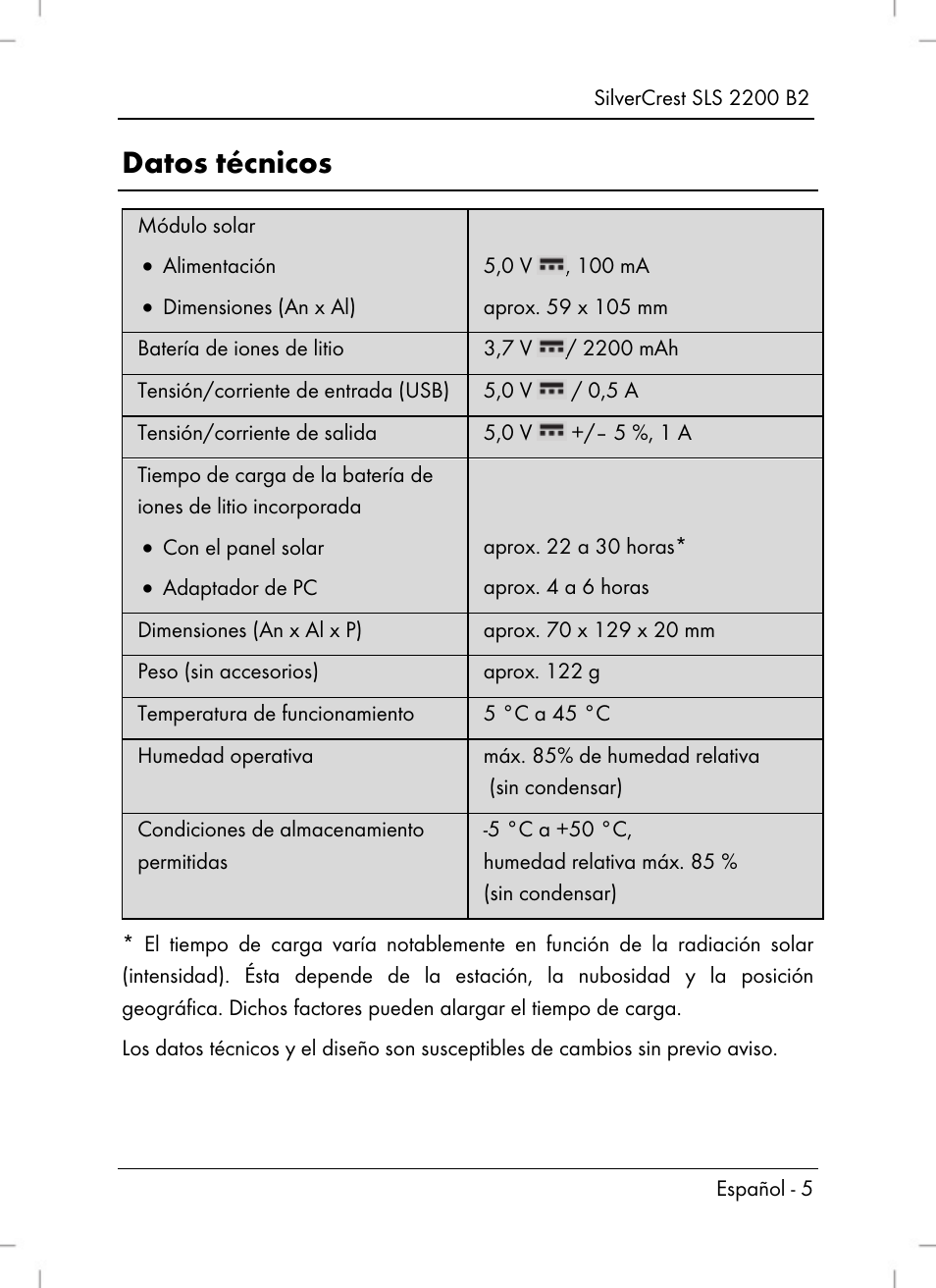 Datos técnicos | Silvercrest SLS 2200 B2 User Manual | Page 7 / 90