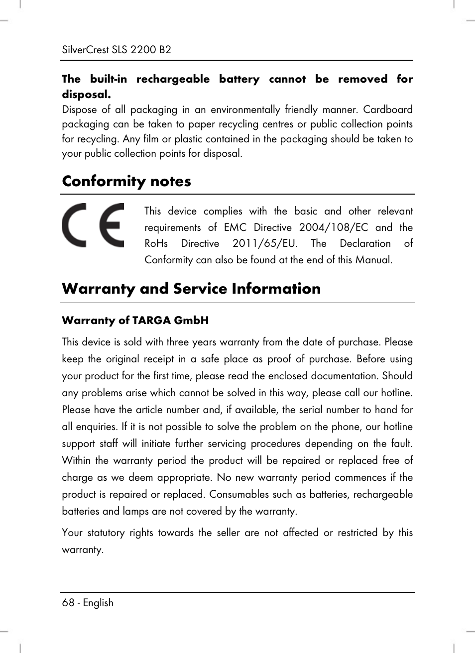 Warranty and service information | Silvercrest SLS 2200 B2 User Manual | Page 70 / 90