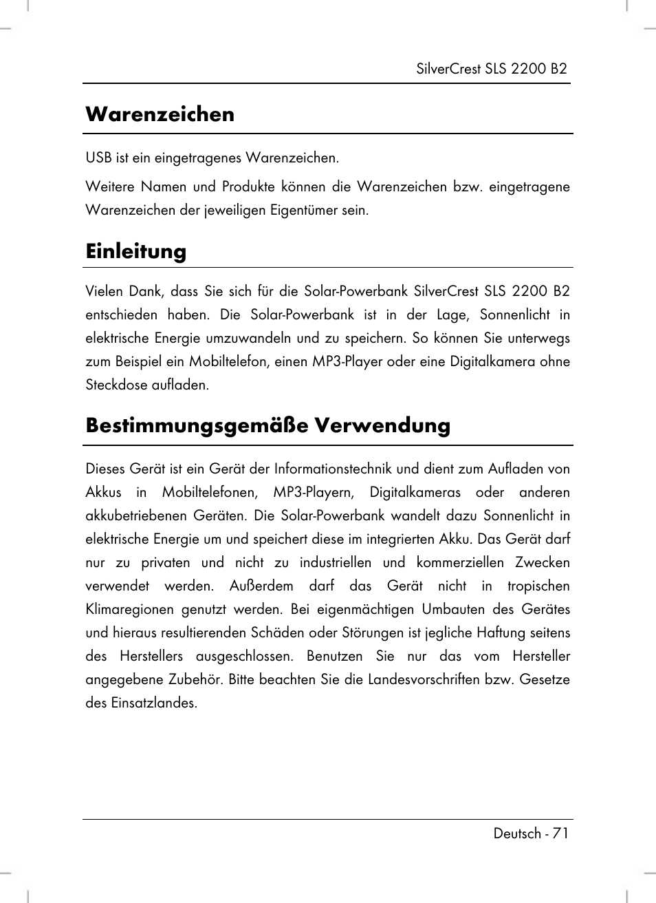 Warenzeichen, Einleitung, Bestimmungsgemäße verwendung | Silvercrest SLS 2200 B2 User Manual | Page 73 / 90