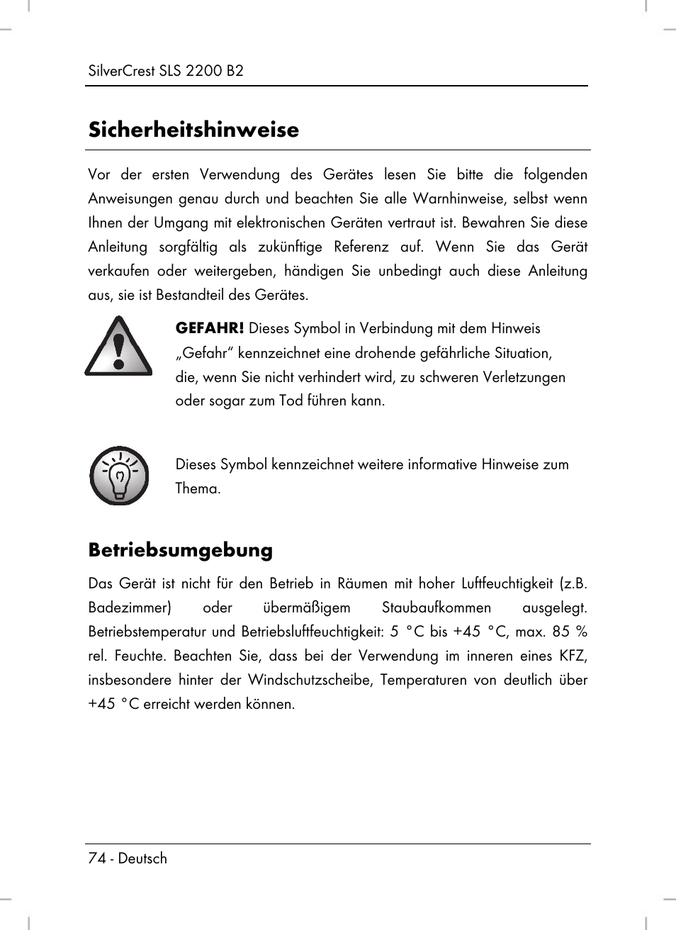 Sicherheitshinweise, Betriebsumgebung | Silvercrest SLS 2200 B2 User Manual | Page 76 / 90