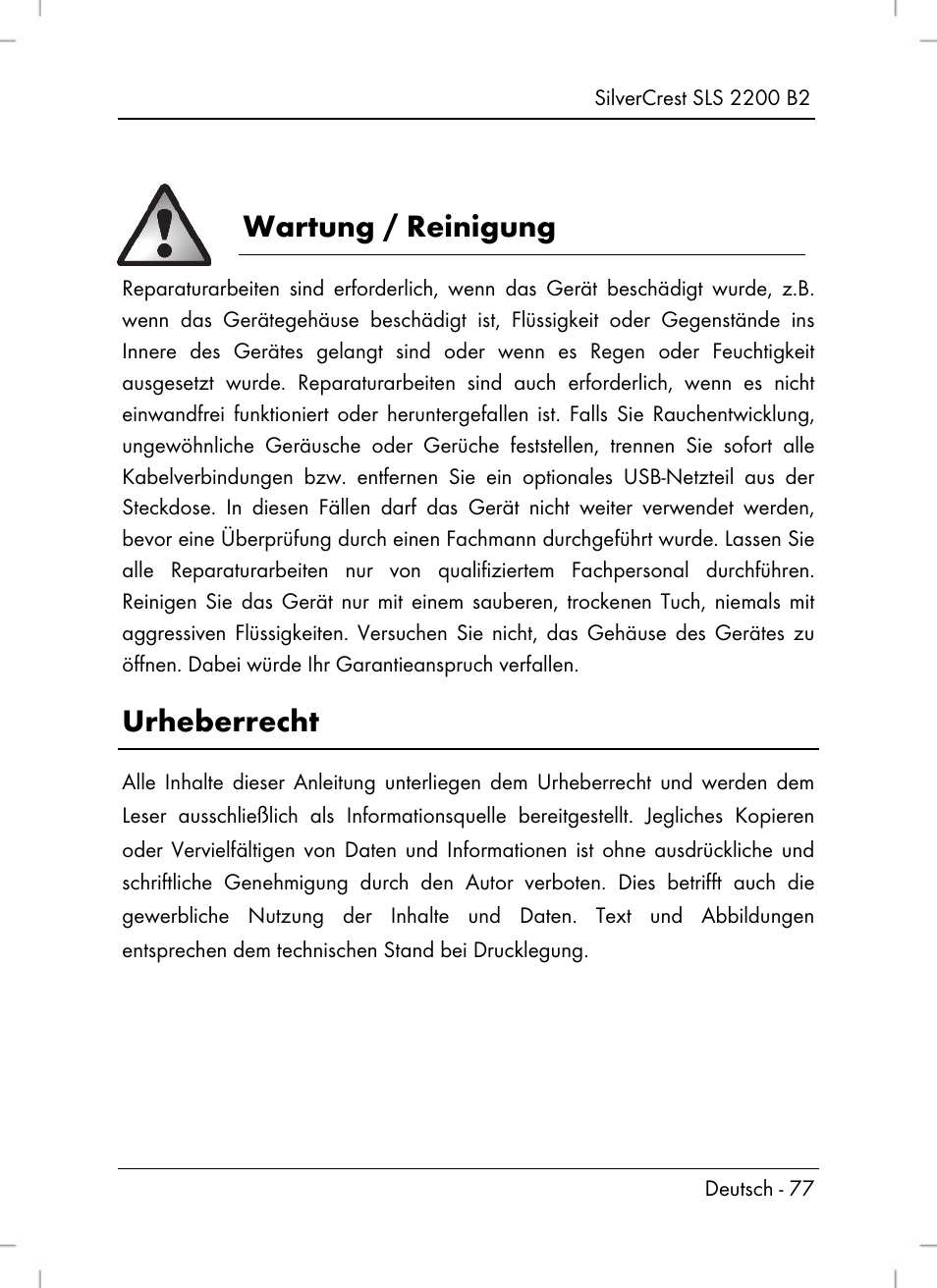 Wartung / reinigung, Urheberrecht | Silvercrest SLS 2200 B2 User Manual | Page 79 / 90