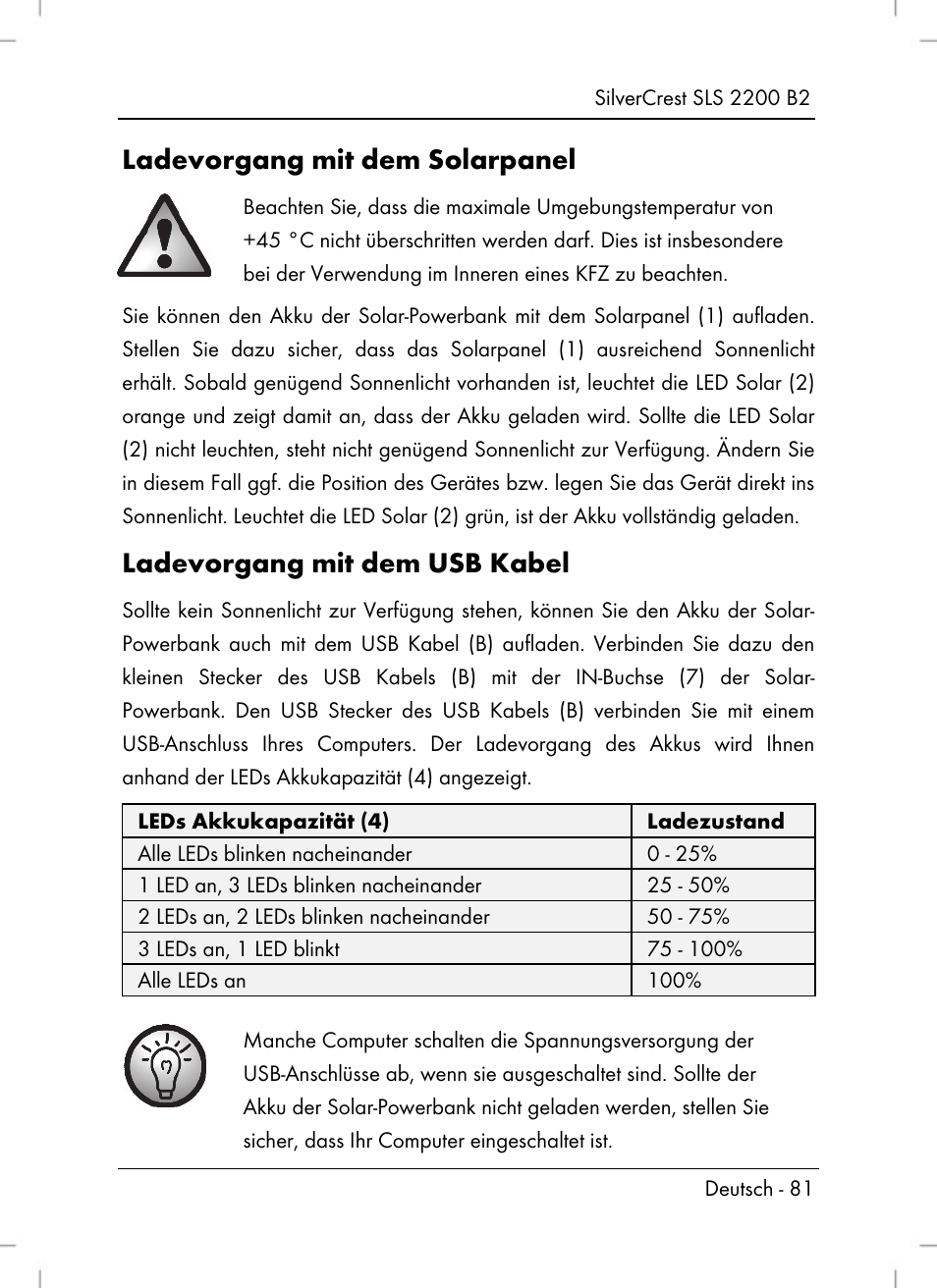 Ladevorgang mit dem solarpanel, Ladevorgang mit dem usb kabel | Silvercrest SLS 2200 B2 User Manual | Page 83 / 90