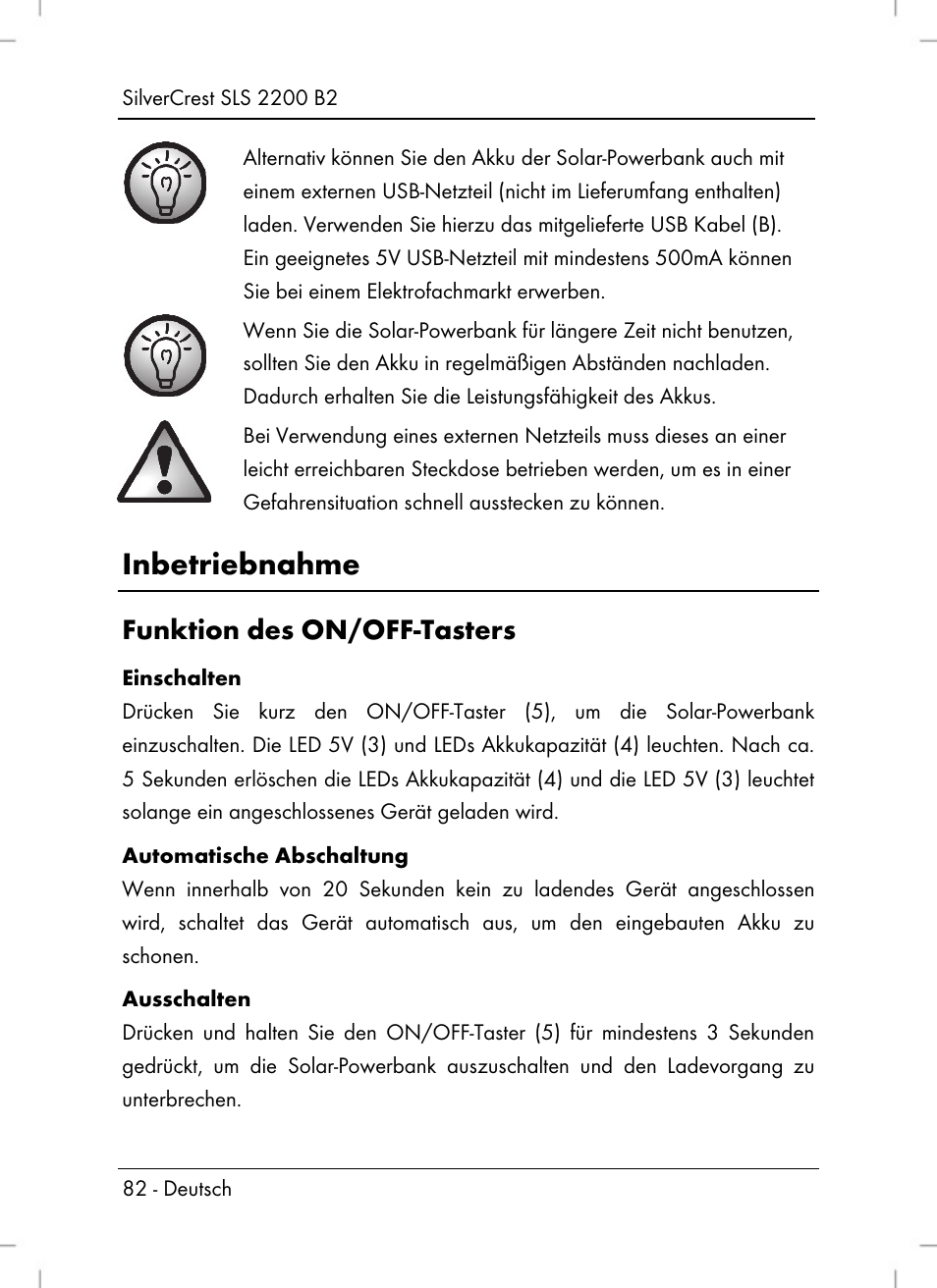 Inbetriebnahme, Funktion des on/off-tasters | Silvercrest SLS 2200 B2 User Manual | Page 84 / 90