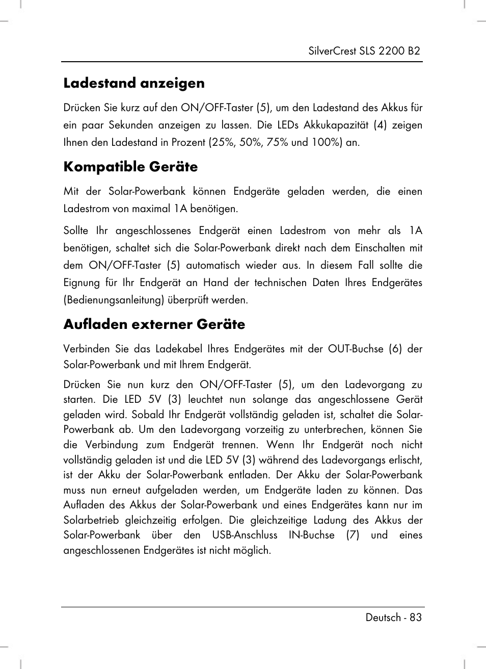 Ladestand anzeigen, Kompatible geräte, Aufladen externer geräte | Silvercrest SLS 2200 B2 User Manual | Page 85 / 90