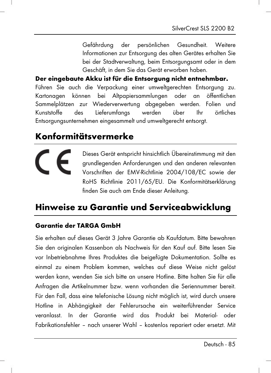 Konformitätsvermerke, Hinweise zu garantie und serviceabwicklung | Silvercrest SLS 2200 B2 User Manual | Page 87 / 90