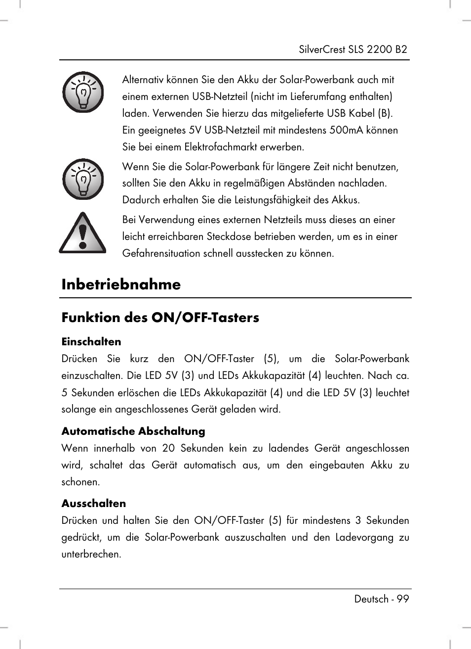 Inbetriebnahme, Funktion des on/off-tasters | Silvercrest SLS 2200 B2 User Manual | Page 101 / 106