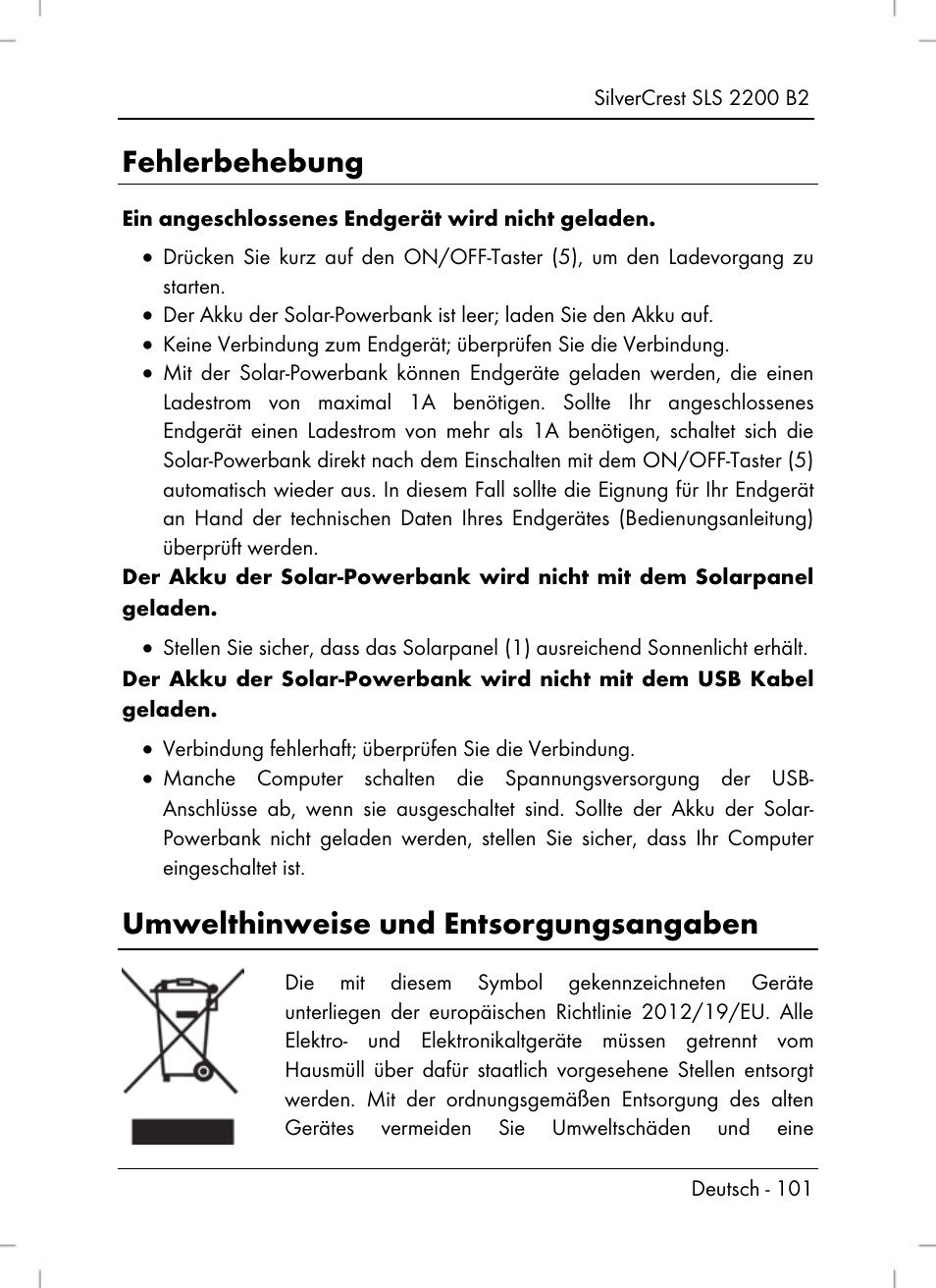 Fehlerbehebung, Umwelthinweise und entsorgungsangaben | Silvercrest SLS 2200 B2 User Manual | Page 103 / 106