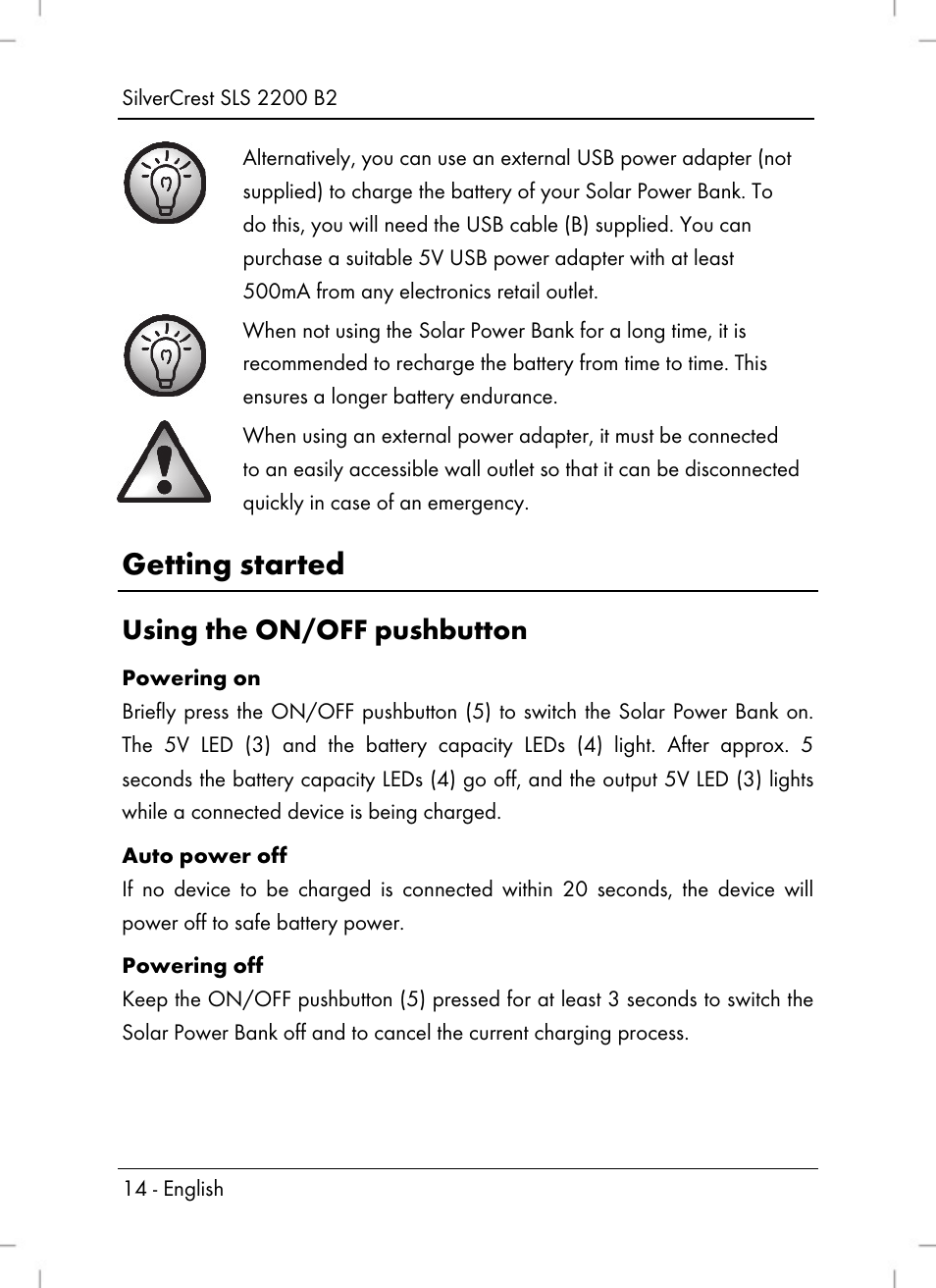 Getting started, Using the on/off pushbutton | Silvercrest SLS 2200 B2 User Manual | Page 16 / 106