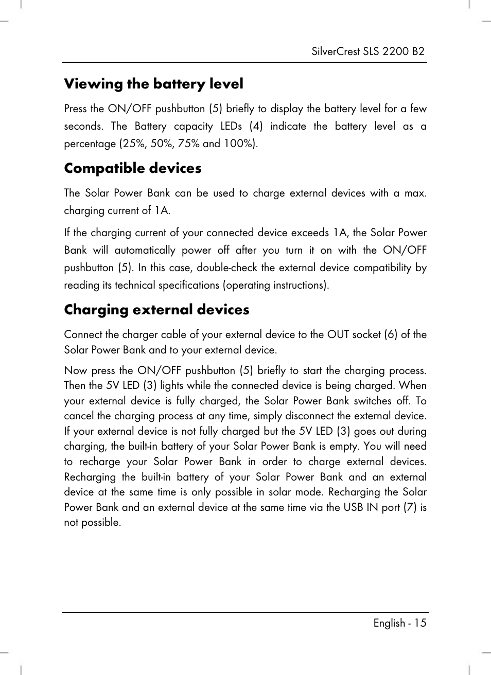 Viewing the battery level, Compatible devices, Charging external devices | Silvercrest SLS 2200 B2 User Manual | Page 17 / 106