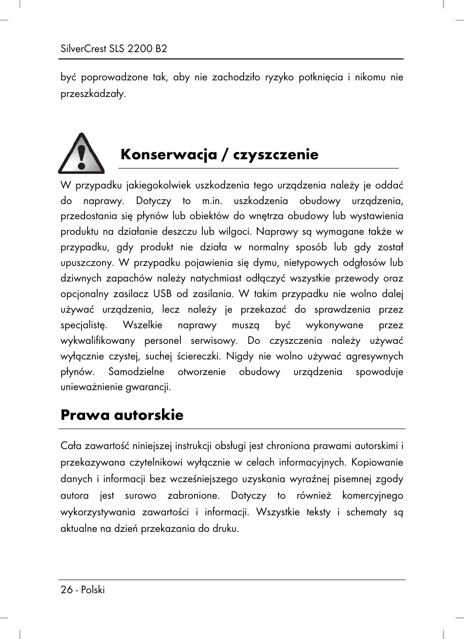 Konserwacja / czyszczenie, Prawa autorskie | Silvercrest SLS 2200 B2 User Manual | Page 28 / 106