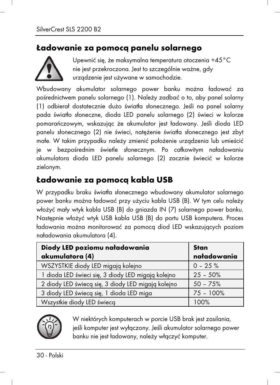 Ładowanie za pomocą panelu solarnego, Ładowanie za pomocą kabla usb | Silvercrest SLS 2200 B2 User Manual | Page 32 / 106
