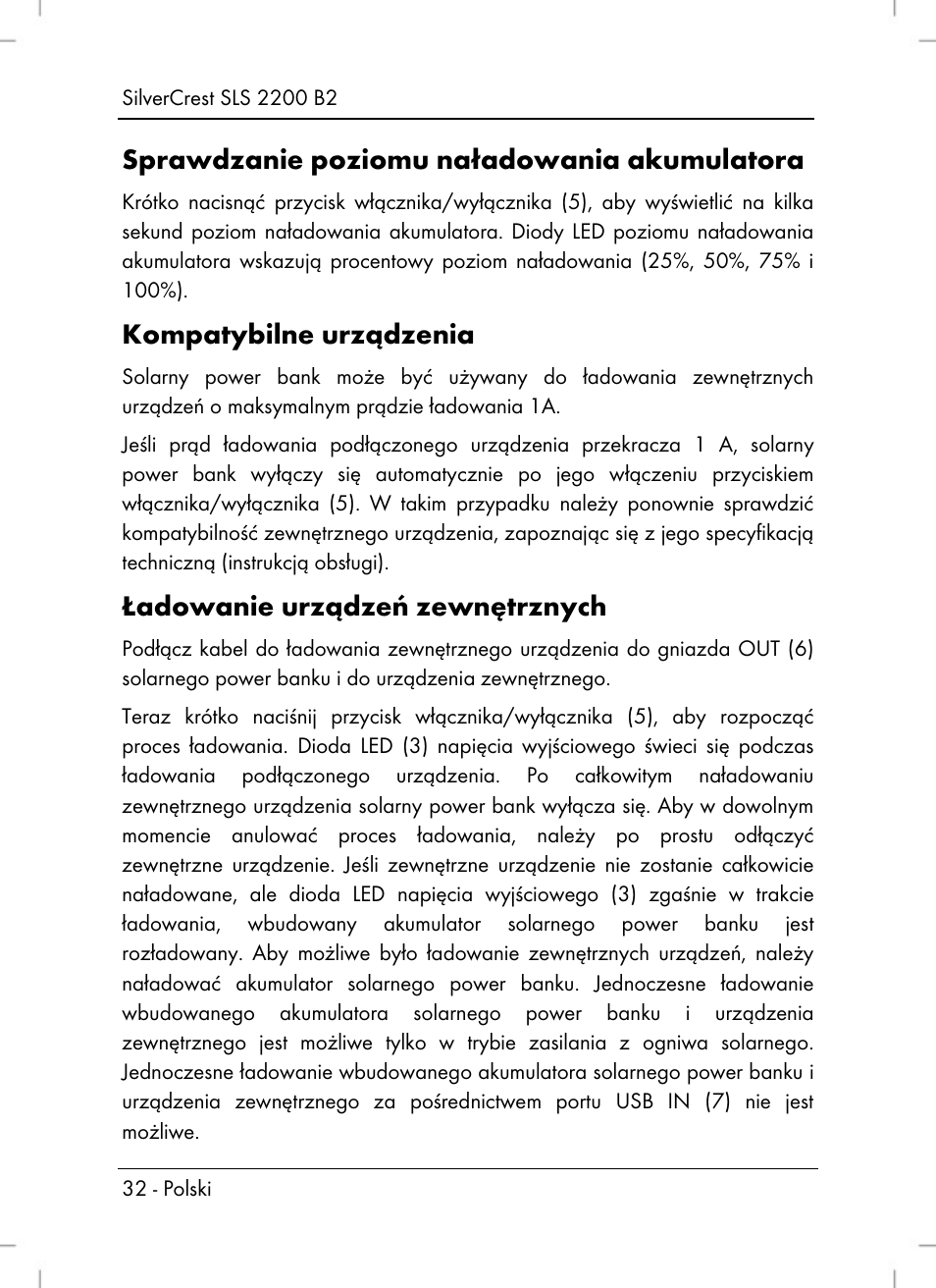 Sprawdzanie poziomu naładowania akumulatora, Kompatybilne urządzenia, Ładowanie urządzeń zewnętrznych | Silvercrest SLS 2200 B2 User Manual | Page 34 / 106