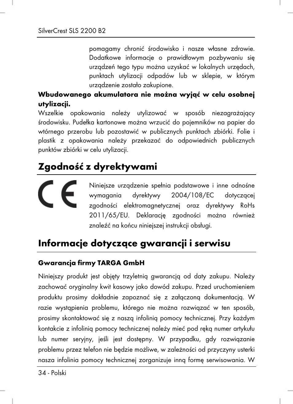 Zgodność z dyrektywami, Informacje dotyczące gwarancji i serwisu | Silvercrest SLS 2200 B2 User Manual | Page 36 / 106