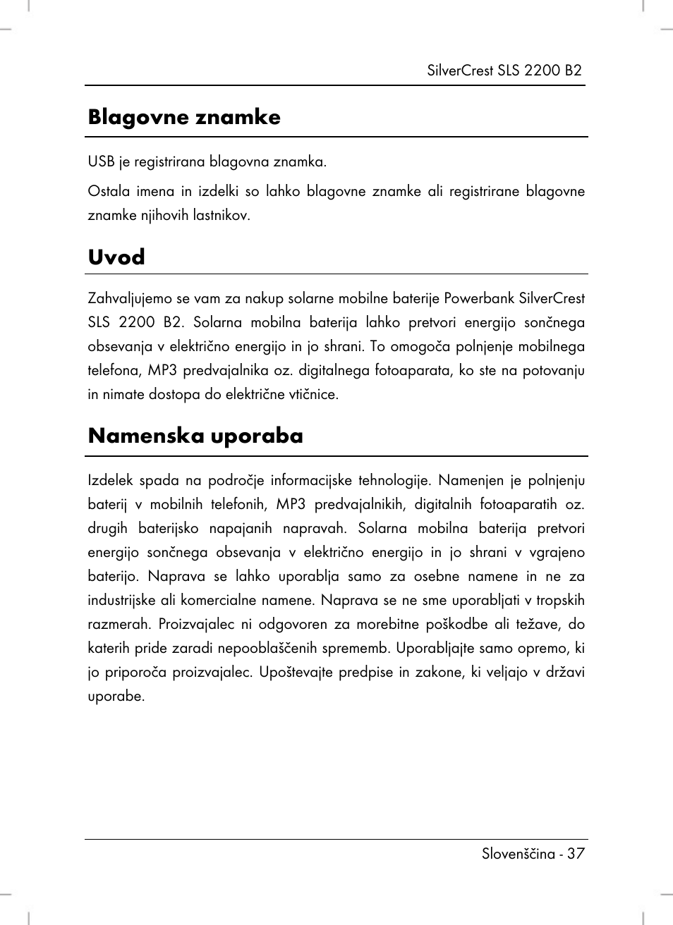 Blagovne znamke, Uvod, Namenska uporaba | Silvercrest SLS 2200 B2 User Manual | Page 39 / 106