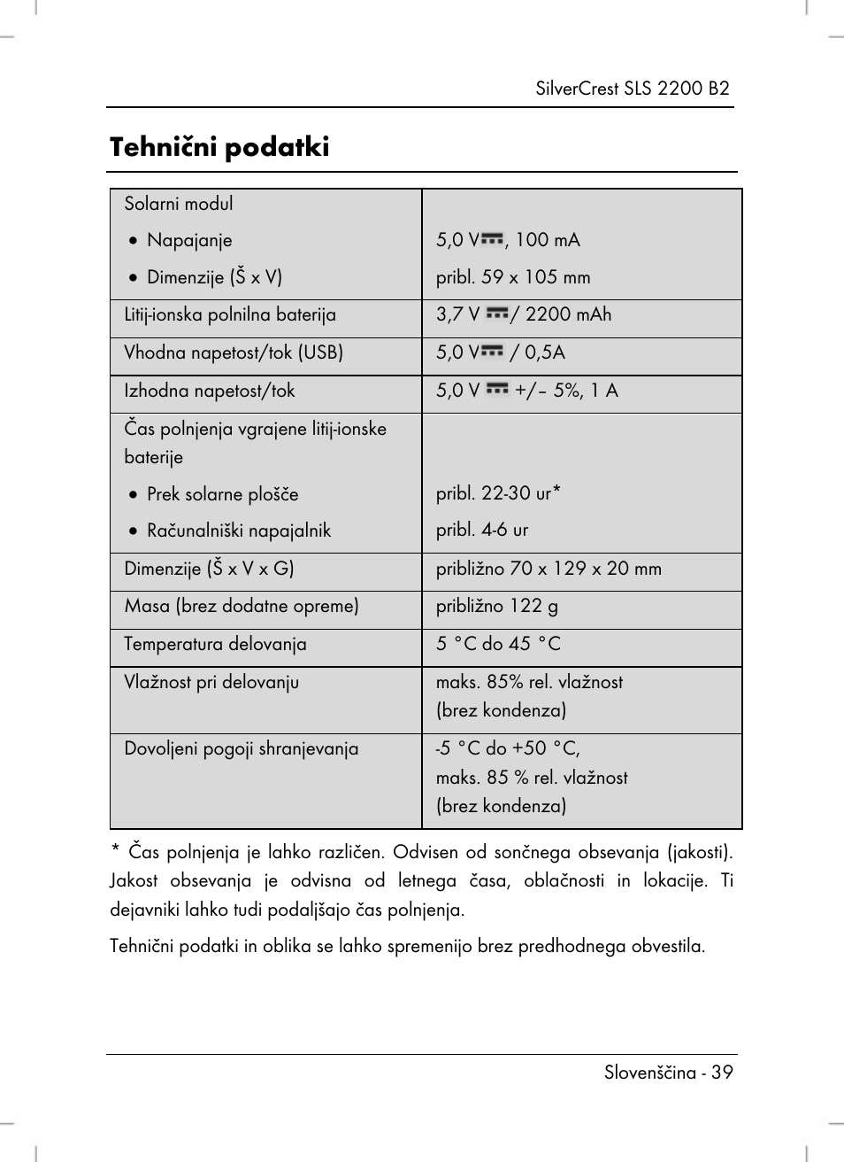 Tehnični podatki | Silvercrest SLS 2200 B2 User Manual | Page 41 / 106