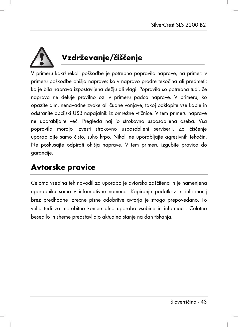 Vzdrževanje/čiščenje, Avtorske pravice | Silvercrest SLS 2200 B2 User Manual | Page 45 / 106
