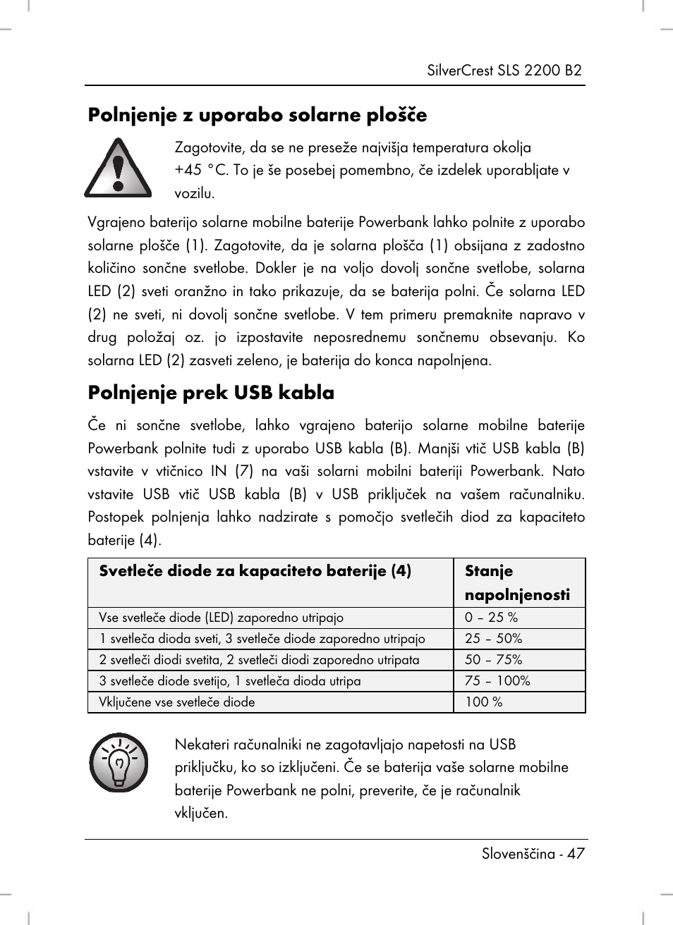 Polnjenje z uporabo solarne plošče, Polnjenje prek usb kabla | Silvercrest SLS 2200 B2 User Manual | Page 49 / 106