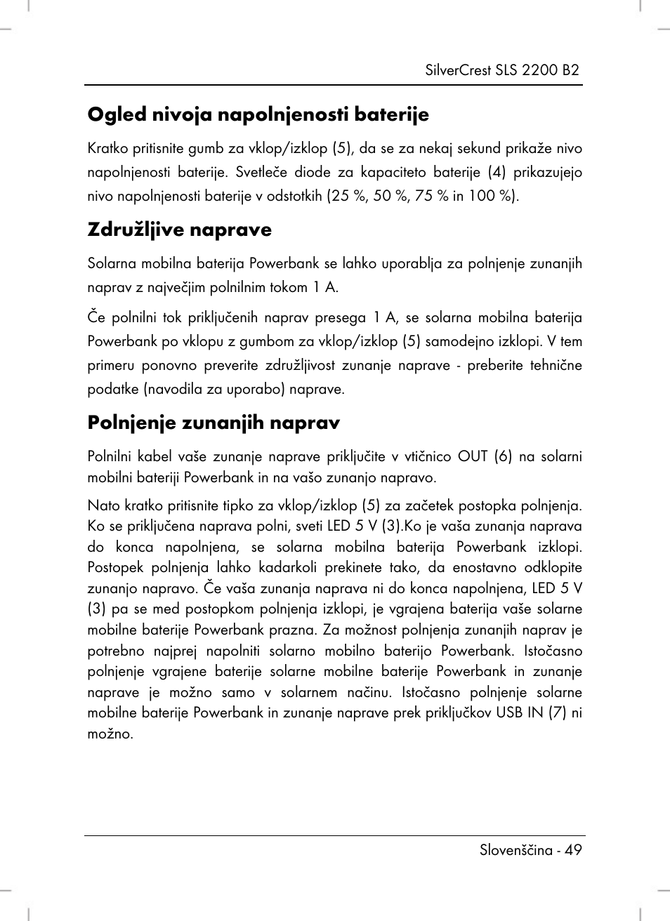 Ogled nivoja napolnjenosti baterije, Združljive naprave, Polnjenje zunanjih naprav | Silvercrest SLS 2200 B2 User Manual | Page 51 / 106