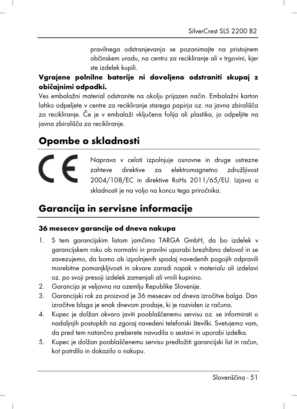 Opombe o skladnosti, Garancija in servisne informacije | Silvercrest SLS 2200 B2 User Manual | Page 53 / 106