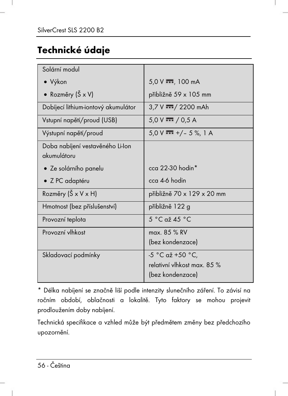 Technické údaje | Silvercrest SLS 2200 B2 User Manual | Page 58 / 106