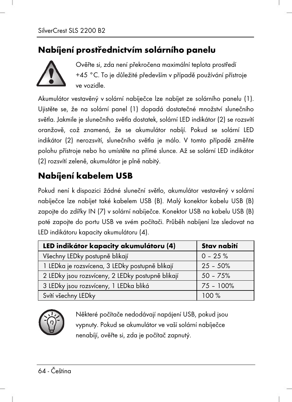 Nabíjení prostřednictvím solárního panelu, Nabíjení kabelem usb | Silvercrest SLS 2200 B2 User Manual | Page 66 / 106