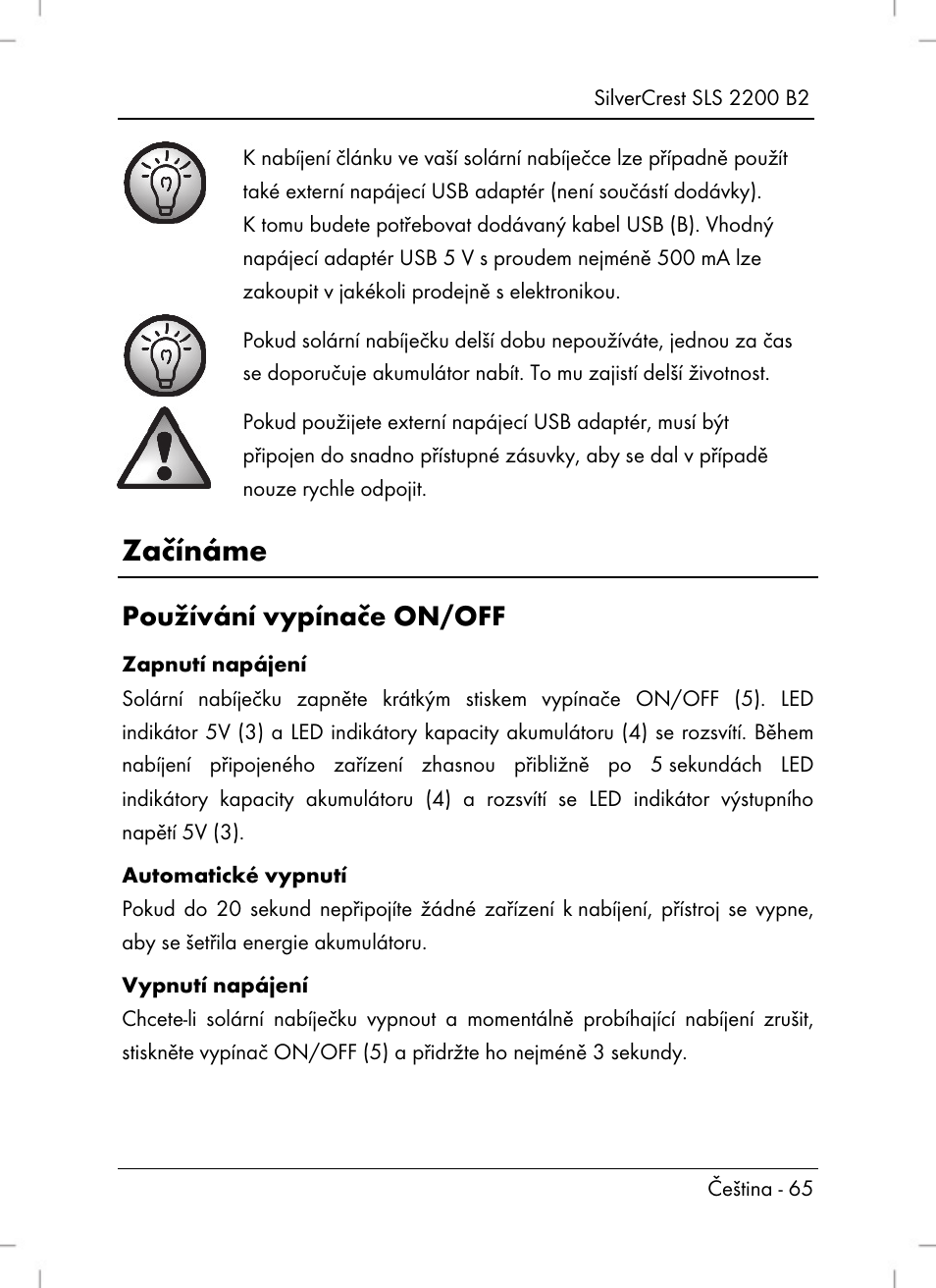 Začínáme, Používání vypínače on/off | Silvercrest SLS 2200 B2 User Manual | Page 67 / 106