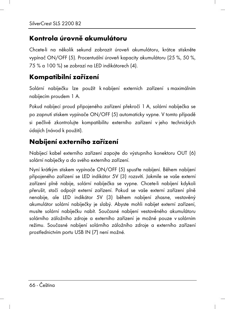 Kontrola úrovně akumulátoru, Kompatibilní zařízení, Nabíjení externího zařízení | Silvercrest SLS 2200 B2 User Manual | Page 68 / 106