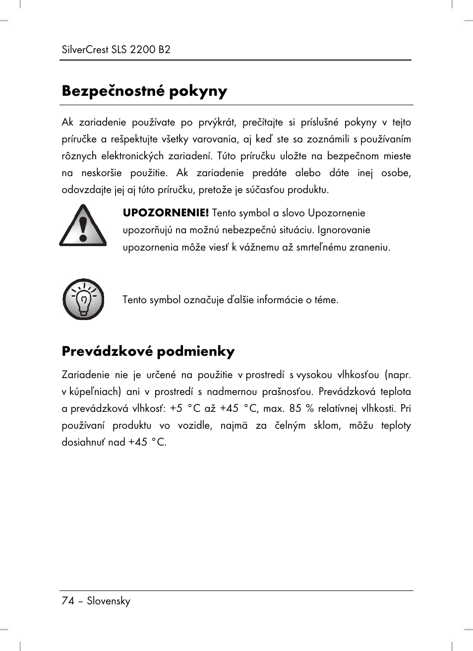 Bezpečnostné pokyny, Prevádzkové podmienky | Silvercrest SLS 2200 B2 User Manual | Page 76 / 106