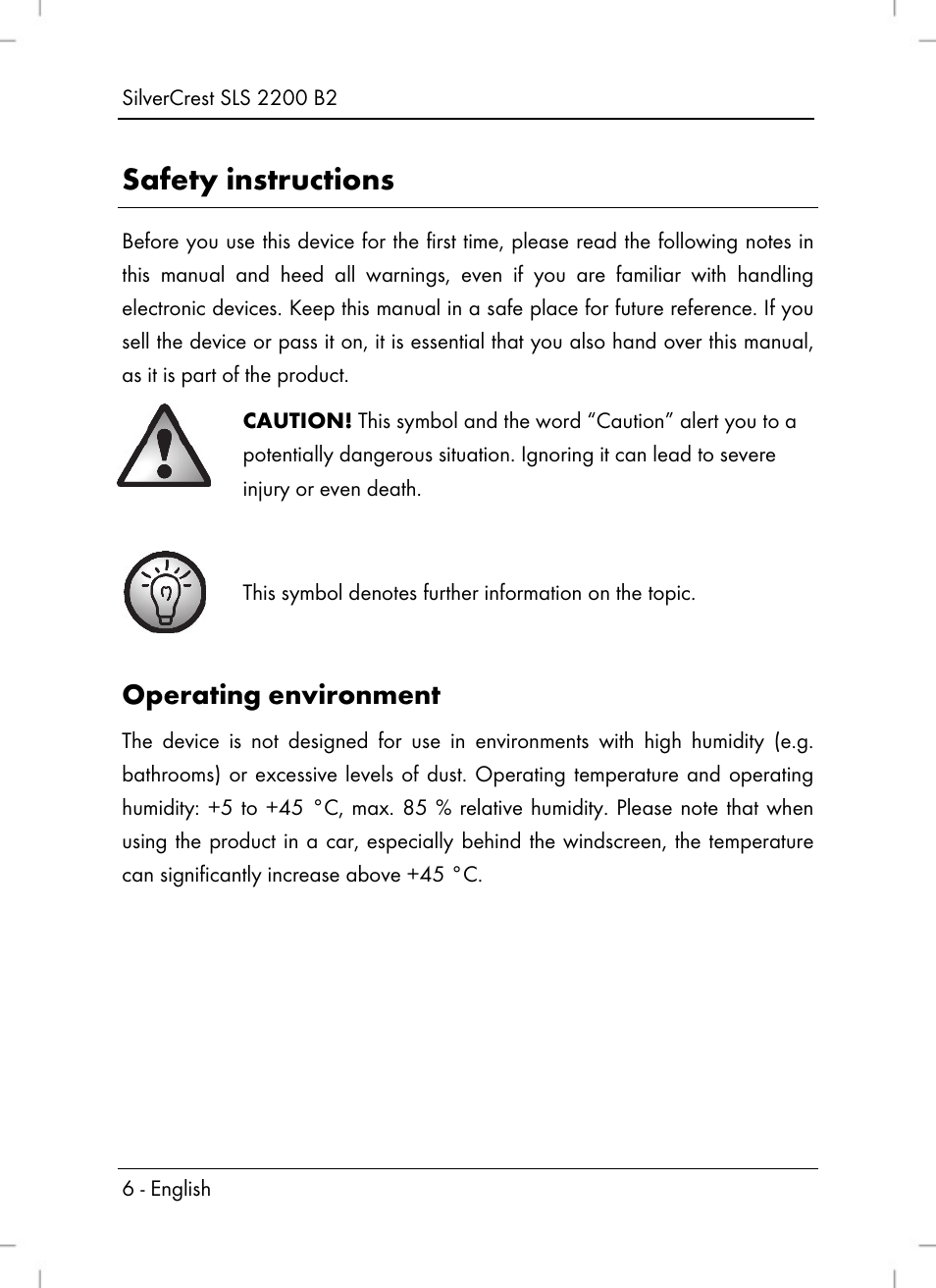 Safety instructions, Operating environment | Silvercrest SLS 2200 B2 User Manual | Page 8 / 106