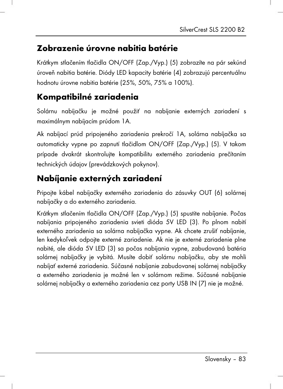 Zobrazenie úrovne nabitia batérie, Kompatibilné zariadenia, Nabíjanie externých zariadení | Silvercrest SLS 2200 B2 User Manual | Page 85 / 106