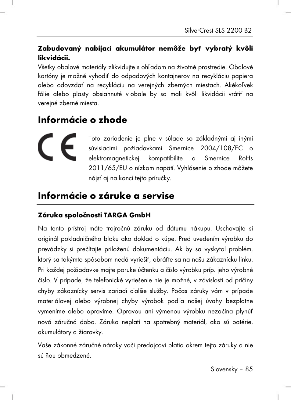 Informácie o zhode, Informácie o záruke a servise | Silvercrest SLS 2200 B2 User Manual | Page 87 / 106