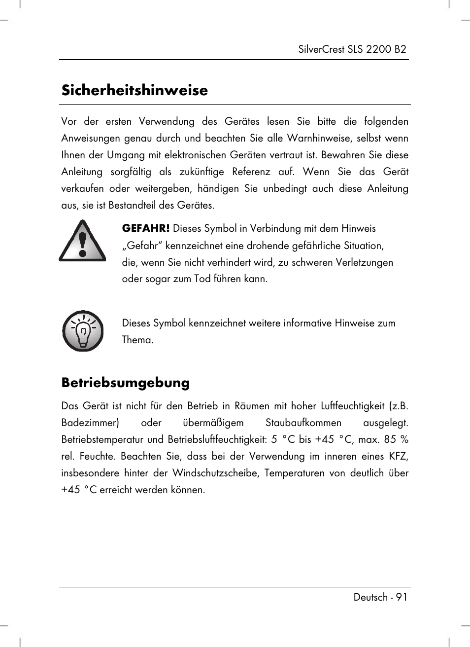 Sicherheitshinweise, Betriebsumgebung | Silvercrest SLS 2200 B2 User Manual | Page 93 / 106