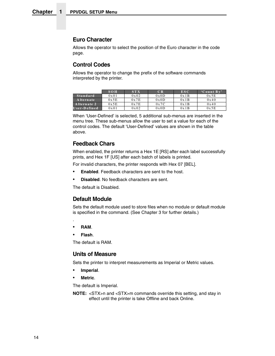 Euro character, Control codes, Feedback chars | Default module, Units of measure | Datamax DGL User Manual | Page 14 / 56