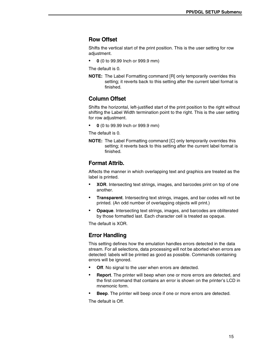 Row offset, Column offset, Format attrib | Error handling | Datamax DGL User Manual | Page 15 / 56