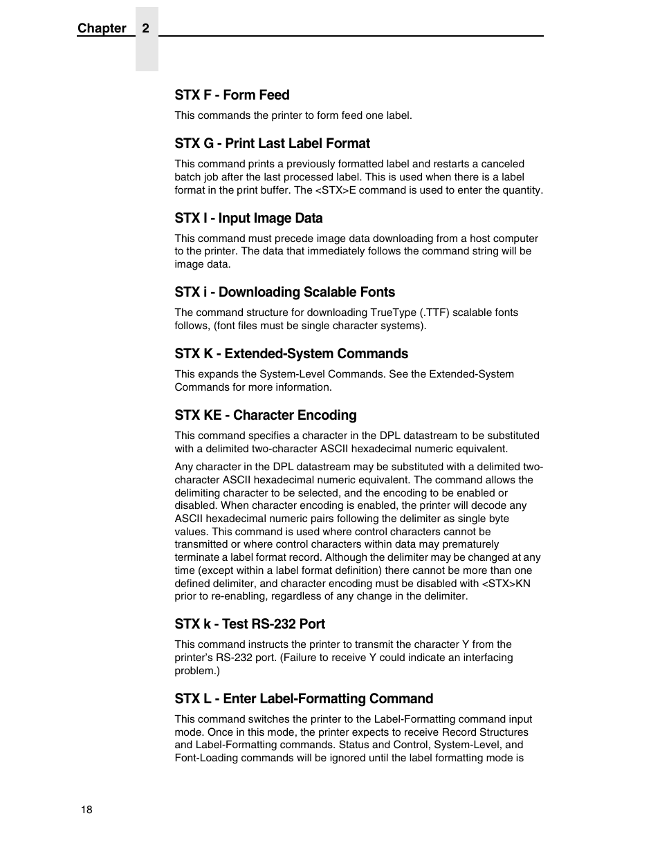 Stx f - form feed, Stx g - print last label format, Stx i - input image data | Stx i - downloading scalable fonts, Stx k - extended-system commands, Stx ke - character encoding, Stx k - test rs-232 port, Stx l - enter label-formatting command | Datamax DGL User Manual | Page 18 / 56