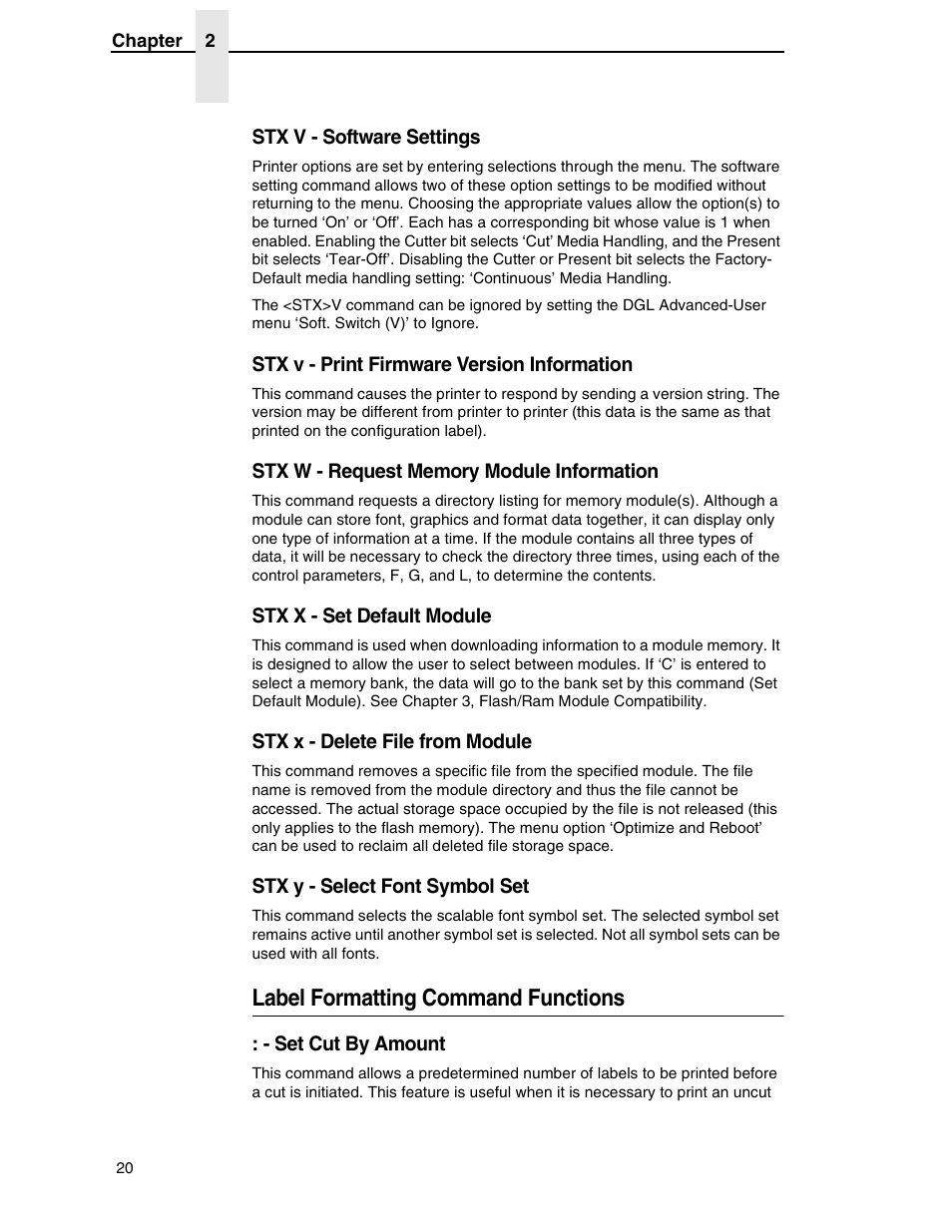 Label formatting command functions, Stx v - software settings, Stx v - print firmware version information | Stx w - request memory module information, Stx x - set default module, Stx x - delete file from module, Stx y - select font symbol set, Set cut by amount | Datamax DGL User Manual | Page 20 / 56