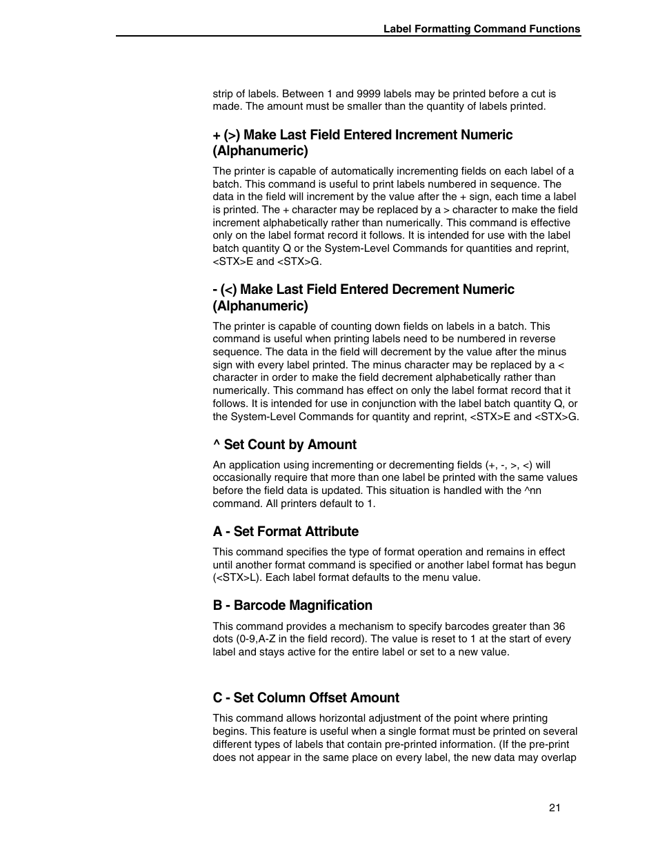 Make last field entered increment numeric, Alphanumeric), Make last field entered decrement numeric | Set count by amount, A - set format attribute, B - barcode magnification, C - set column offset amount | Datamax DGL User Manual | Page 21 / 56