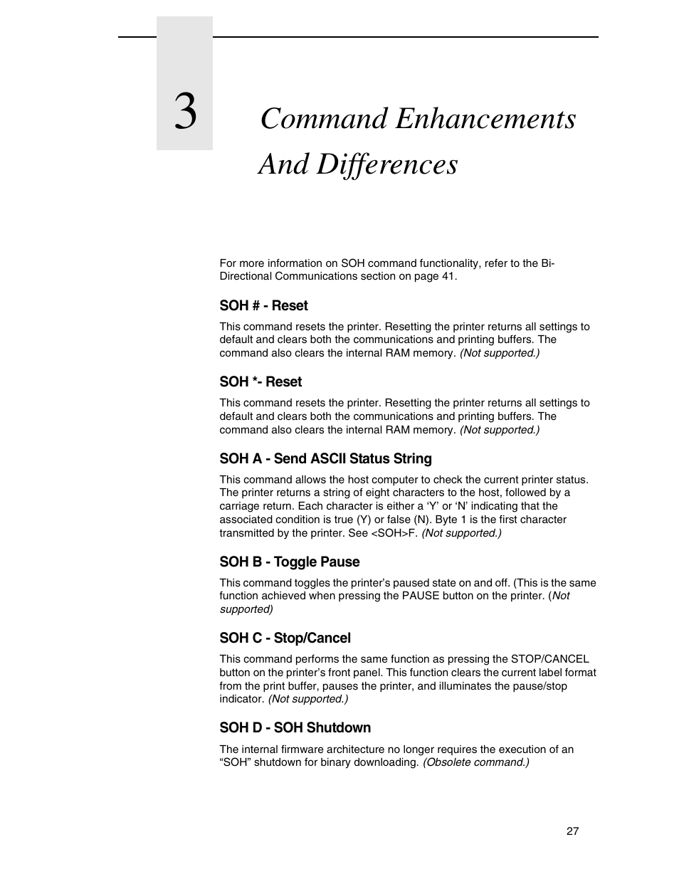 3 command enhancements and differences, Soh # - reset, Soh *- reset | Soh a - send ascii status string, Soh b - toggle pause, Soh c - stop/cancel, Soh d - soh shutdown, Command enhancements and differences | Datamax DGL User Manual | Page 27 / 56